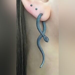 Black metallic long Serpent Climber Stud Earrings snake ear jacket flowy earring